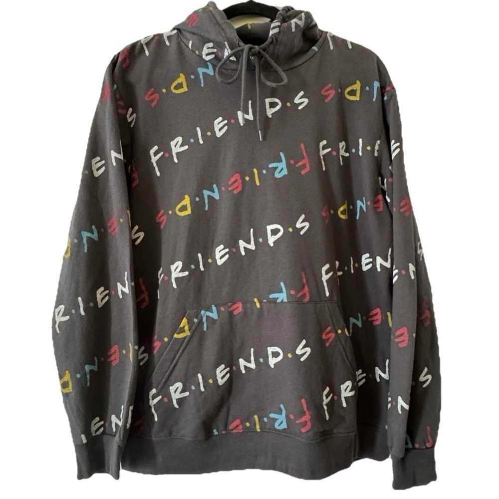 Friends All Over Logo Print Hoodie Pullover Gray Cotton Blend L